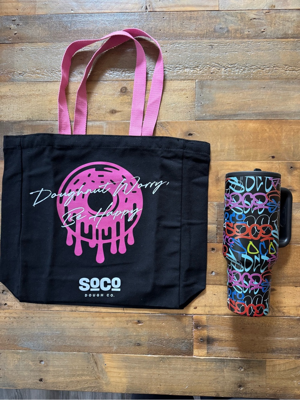SoCo. Donut Black canvas tote Bag Pink Donut Colorful water bottle lid straw New